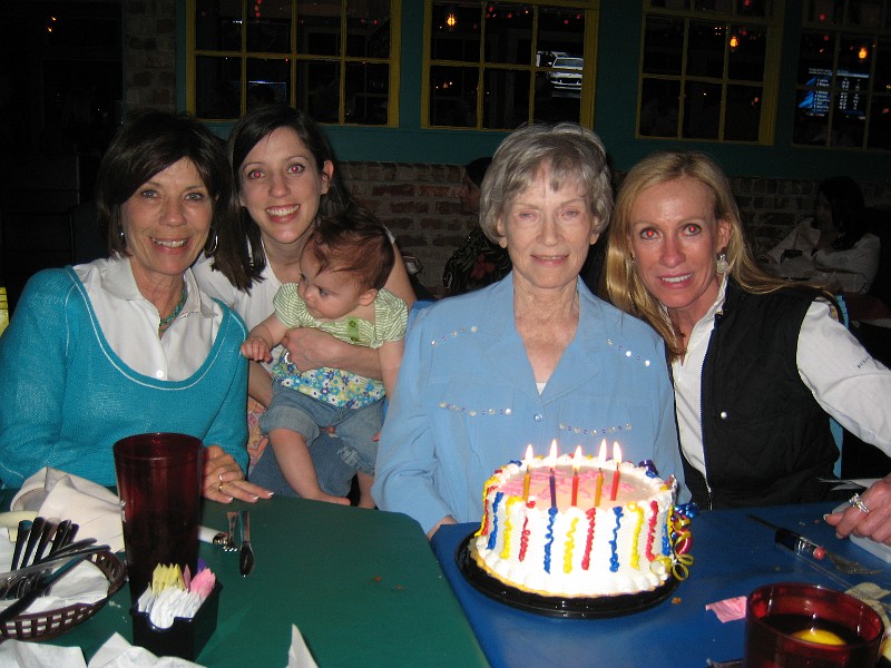Picture007.jpg - Granny's birthday is two days before mine. Mama Toni, Mommy, me and Aunt Teri helped Great Granny blow out her candles.