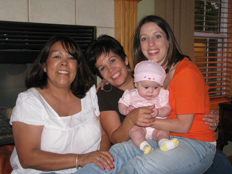 MeAndMyGirls.JPG - Me and my posse. (After I spilled red wine all over Mommy's shirt... she changed into a bright orange shirt of Gramma Ida's.)